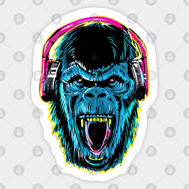 Blue Gorilla With Headphone Sticker by FerMinem